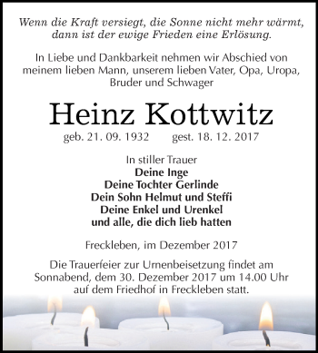 Traueranzeige von Heinz Kottwitz von Wochenspiegel Mansfelder Land