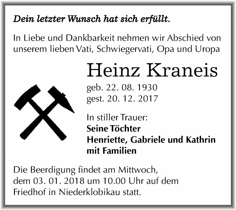  Traueranzeige für Heinz Kraneis vom 30.12.2017 aus WVG - Wochenspiegel Merseburg