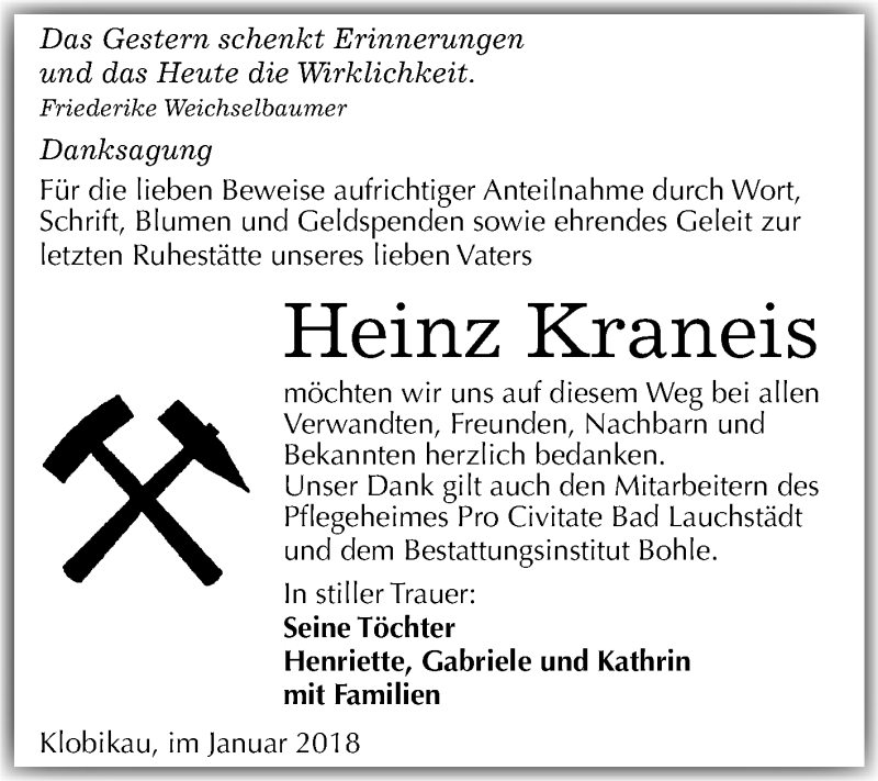  Traueranzeige für Heinz Kraneis vom 13.01.2018 aus Mitteldeutsche Zeitung Merseburg/Querfurt