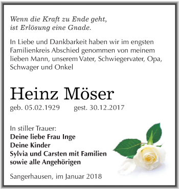 Traueranzeige von Heinz Möser von Super Sonntag SGH Mansf. Land