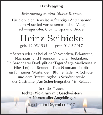 Traueranzeige von Heinz Seibicke von WVG - Wochenspiegel Bitterfeld