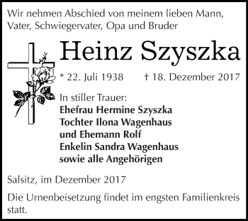 Traueranzeige von Heinz Szyszka von Super Sonntag Zeitz