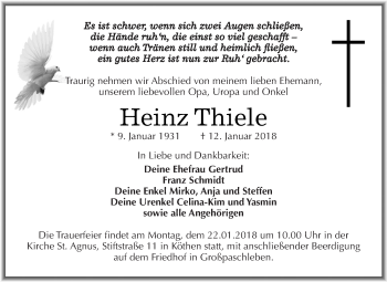 Traueranzeige von Heinz Thiele von WVG - Wochenspiegel Dessau / Köthen