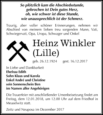 Traueranzeige von Heinz Winkler von Mitteldeutsche Zeitung Zeitz