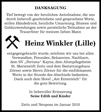 Traueranzeige von Heinz Winkler von Mitteldeutsche Zeitung Zeitz