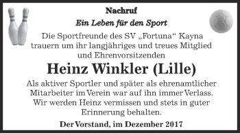 Traueranzeige von Heinz Winkler von Super Sonntag Zeitz