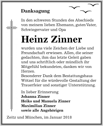 Traueranzeige von Heinz Zinner von Mitteldeutsche Zeitung Zeitz