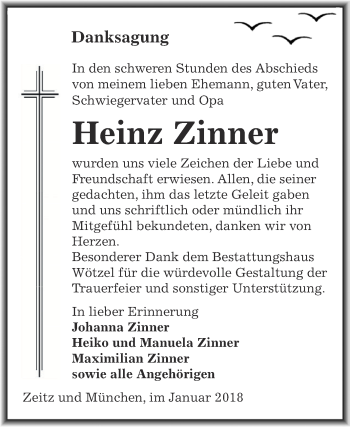 Traueranzeige von Heinz Zinner von Super Sonntag Zeitz
