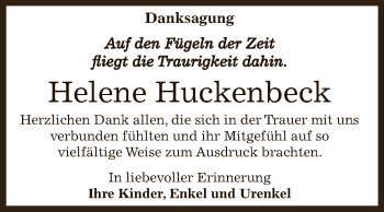 Traueranzeige von Helene Huckenbeck von Super Sonntag Bernburg