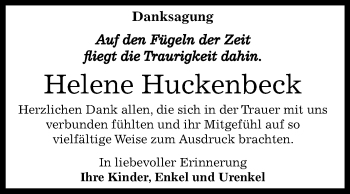 Traueranzeige von Helene Huckenbeck von Mitteldeutsche Zeitung Bernburg