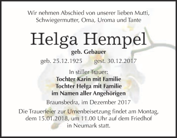 Traueranzeige von Helga Hempel von WVG - Wochenspiegel Merseburg