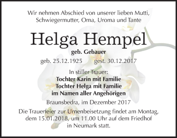 Traueranzeige von Helga Hempel von Mitteldeutsche Zeitung Merseburg/Querfurt