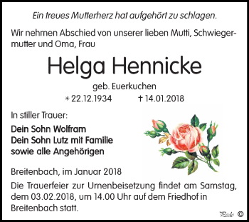 Traueranzeige von Helga Hennicke von Mitteldeutsche Zeitung Zeitz