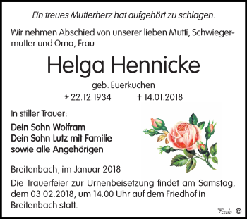 Traueranzeige von Helga Hennicke von Super Sonntag Zeitz