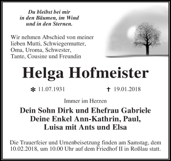 Traueranzeige von Helga Hofmeister von WVG - Wochenspiegel Dessau / Köthen