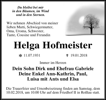 Traueranzeige von Helga Hofmeister von Mitteldeutsche Zeitung Dessau-Roßlau