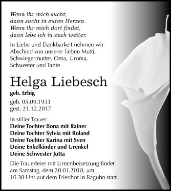 Traueranzeige von Helga Liebesch von Mitteldeutsche Zeitung Bitterfeld