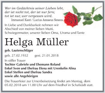 Traueranzeige von Helga Müller von WVG - Wochenspiegel Merseburg