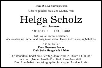 Traueranzeige von Helga Scholz von Mitteldeutsche Zeitung Merseburg/Querfurt