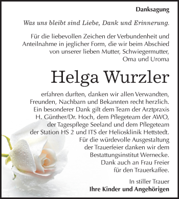 Traueranzeige von Helga Wurzler von Mitteldeutsche Zeitung