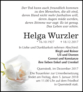 Traueranzeige von Helga Wurzler von Wochenspiegel Mansfelder Land