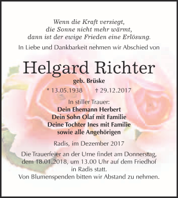 Traueranzeige von Helgard Richter von WVG - Wochenspiegel Wittenberg