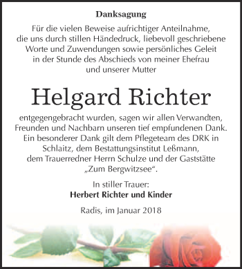 Traueranzeige von Helgard Richter von WVG - Wochenspiegel Wittenberg