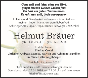 Traueranzeige von Helmut Bräuer von WVG - Wochenspiegel Merseburg
