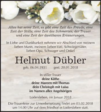 Traueranzeige von Helmut Dübler von WVG - Wochenspiegel Merseburg