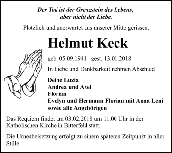 Traueranzeige von Helmut Keck von Mitteldeutsche Zeitung Bitterfeld