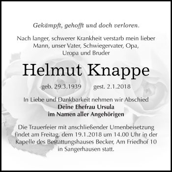Traueranzeige von Helmut Knappe von Super Sonntag SGH Mansf. Land