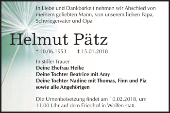 Traueranzeige von Helmut Pätz von WVG - Wochenspiegel Wittenberg