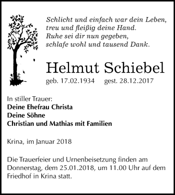 Traueranzeige von Helmut Schiebel von WVG - Wochenspiegel Bitterfeld