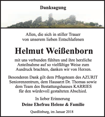 Traueranzeige von Helmut Weißenborn von WVG - Wochenspiegel Quedlinburg