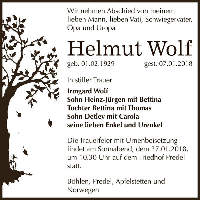  Traueranzeige für Helmut Wolf vom 20.01.2018 aus Super Sonntag Zeitz