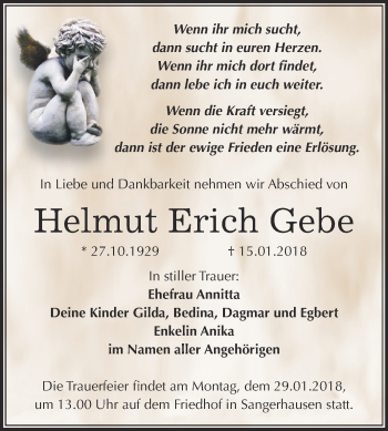 Traueranzeige von Helmut Erich Gebe von Super Sonntag SGH Mansf. Land