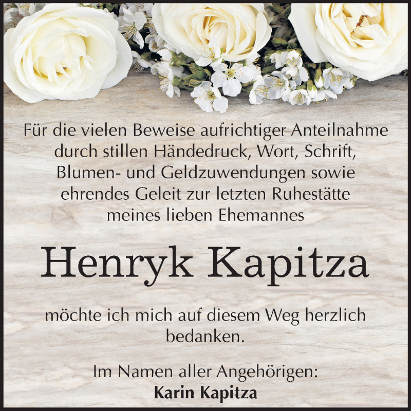  Traueranzeige für Henryk Kapitza vom 27.01.2018 aus Mitteldeutsche Zeitung