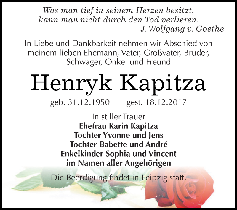  Traueranzeige für Henryk Kapitza vom 06.01.2018 aus WVG - Wochenspiegel Dessau / Köthen