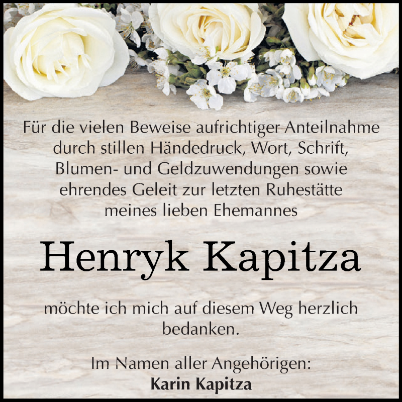  Traueranzeige für Henryk Kapitza vom 27.01.2018 aus WVG - Wochenspiegel Dessau / Köthen