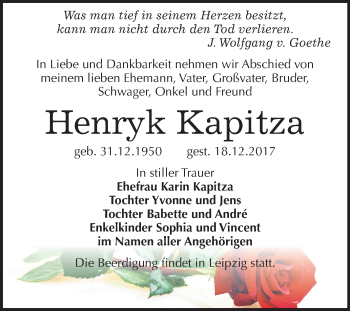 Traueranzeige von Henryk Kapitza von Mitteldeutsche Zeitung Köthen