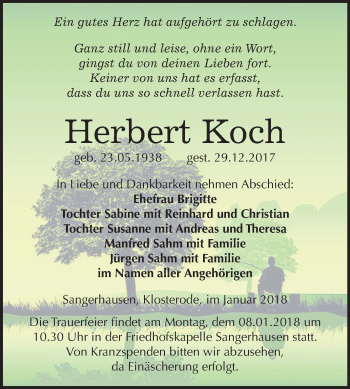 Traueranzeige von Herbert Koch von Mitteldeutsche Zeitung Sangerhausen