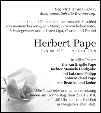 Traueranzeige von Herbert Pape von Super Sonntag Bernburg