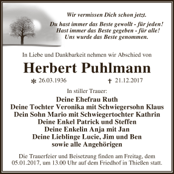 Traueranzeige von Herbert Puhlmann von WVG - Wochenspiegel Dessau / Köthen