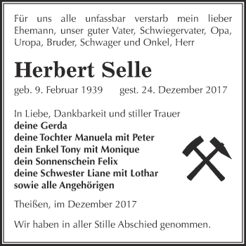 Traueranzeige von Herbert Selle von Super Sonntag Zeitz