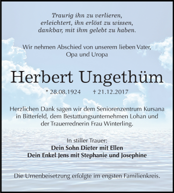 Traueranzeige von Herbert Ungethüm von Mitteldeutsche Zeitung Bitterfeld