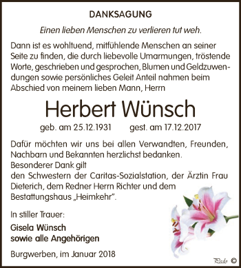 Traueranzeige von Herbert Wünsch von WVG - Wochenspiegel NMB / WSF / ZTZ