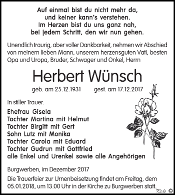 Traueranzeige von Herbert Wünsch von WVG - Wochenspiegel NMB / WSF / ZTZ