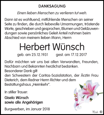 Traueranzeige von Herbert Wünsch von Mitteldeutsche Zeitung Weißenfels