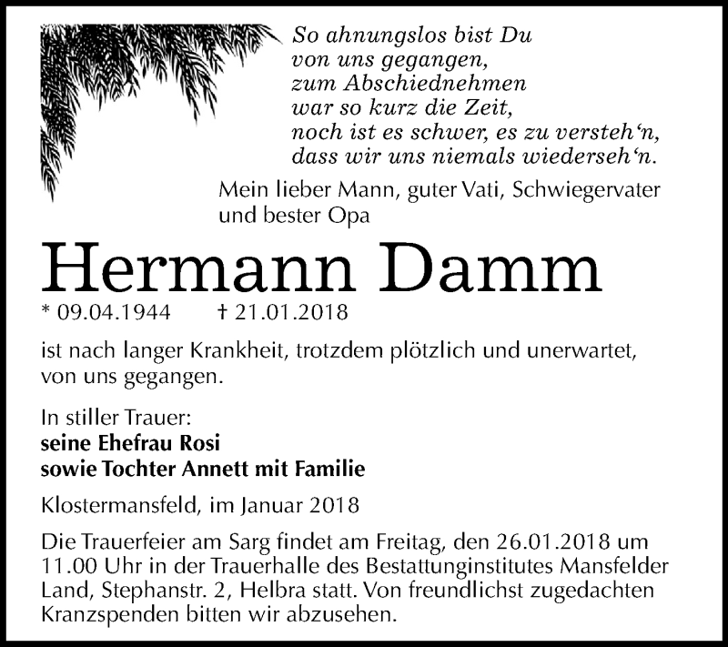  Traueranzeige für Hermann Damm vom 24.01.2018 aus Mitteldeutsche Zeitung