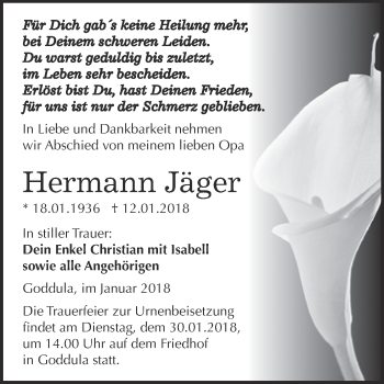 Traueranzeige von Hermann Jäger von Super Sonntag Merseburg